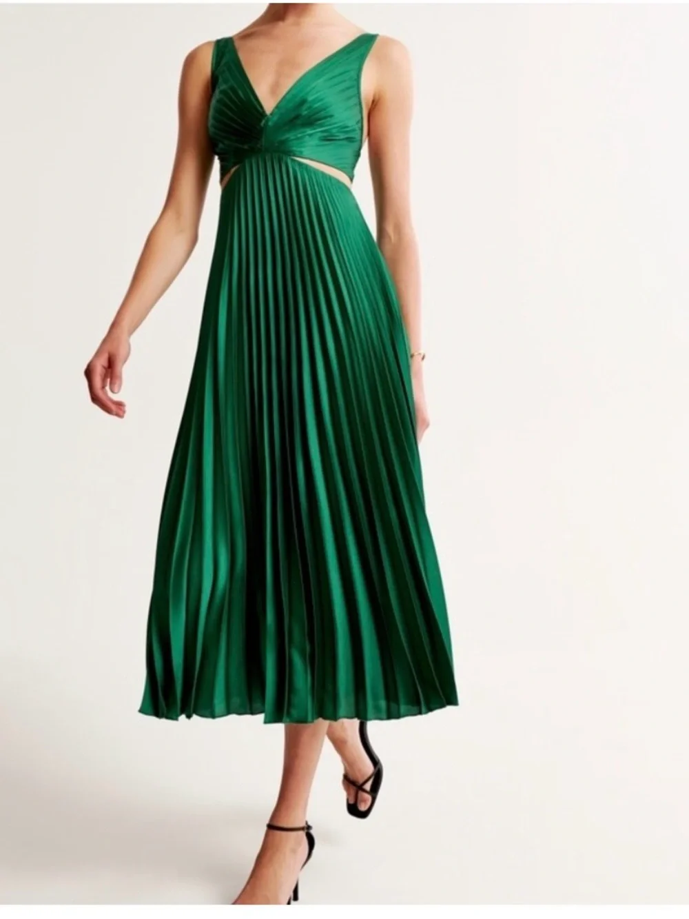 Abercrombie & Fitch Emerald Green Satin Pleated dress with cut outs